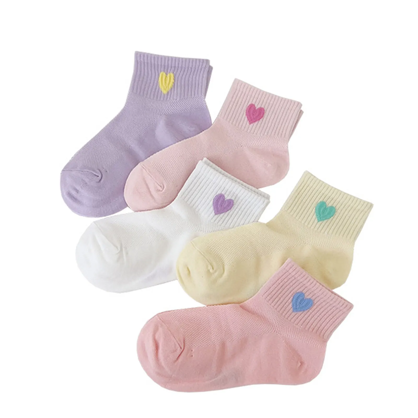 

5 Pairs Girls Sweet Heart Shape Pattern Socks Mesh Breathable Comfortable Kids Ankle Socks Set Spring Summer Children Clothing