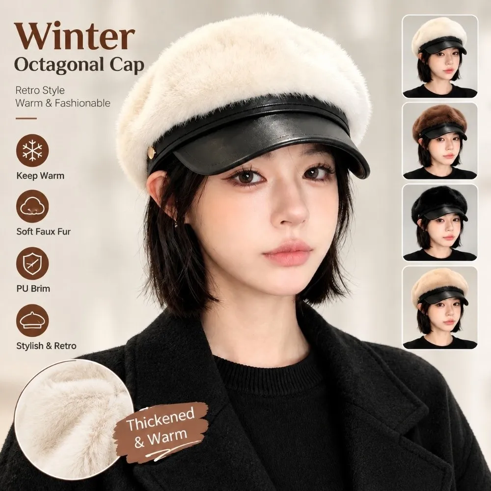 Soft Touch Faux Mink Fur Newsboy Cap Adjustable PU Brim Winter Hat Octagonal Shape Beret Cap Party Look