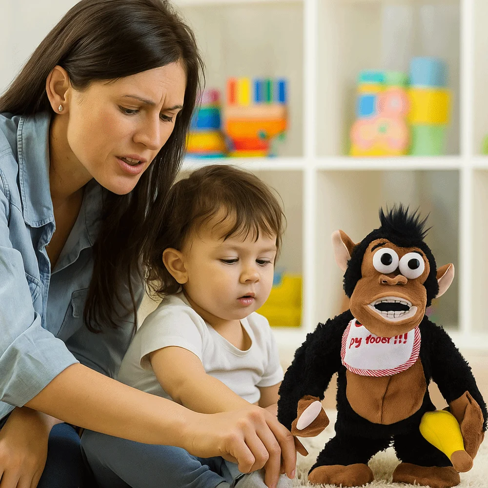 Chorando gorila macaco em movimento elétrico comendo banana coleção macaco magnético macio fofo guarda comida crianças