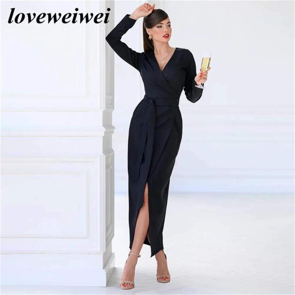 

Loveweiwei Black Mermaid Evening Dress Belt V Neck Long Sleeve Prom Evening Gown Stain High Split Prom Dress vestidos de fiesta