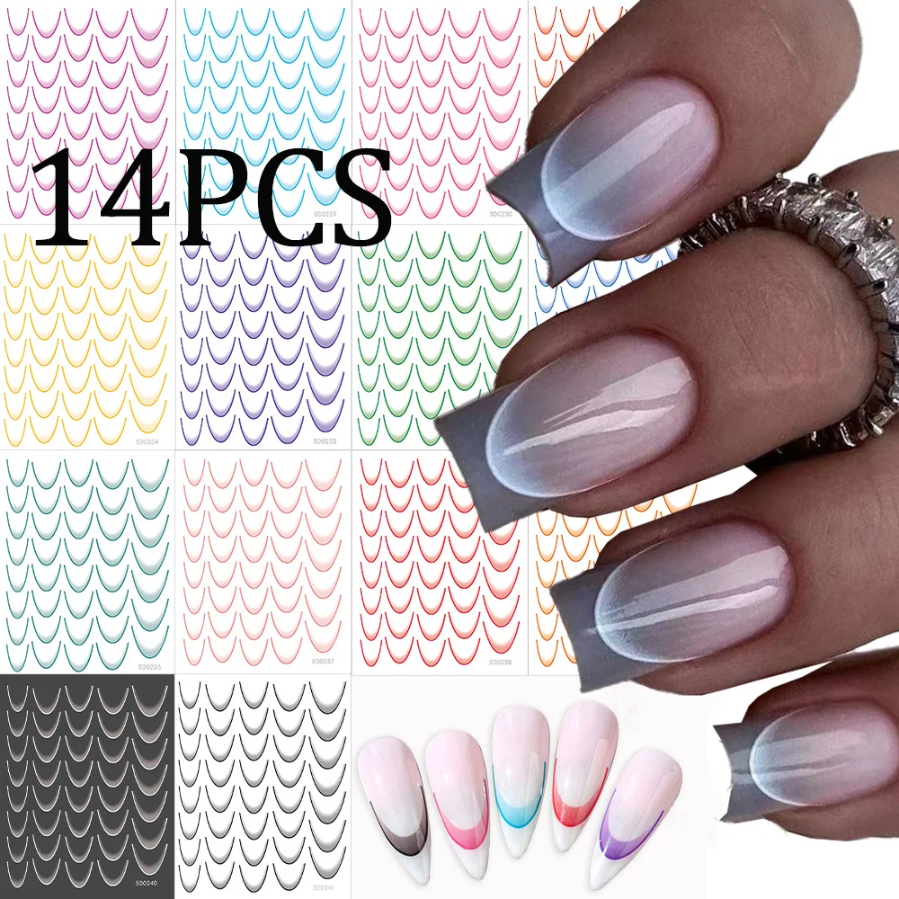 

14Sheets French Gradient Line Nail Art Stickers Black White Neon Stripe Lines Bend Self-Adhesive Nail Decals DIY Manicure Guide#