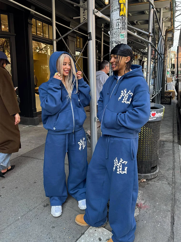 Hip-hop traje de viento de calle americana con cremallera suéter con capucha Pantalones rectos tendencia personalidad calle alta 2025 traje de otoño e invierno