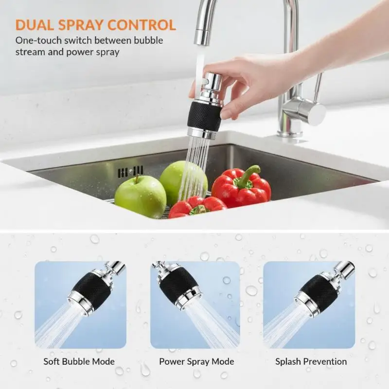 360° Rotating Pressurized Faucet Sprayer 3 Modes Splash Proof Filter Universal Adapter for Kitchen Bathroom Sink 1PC