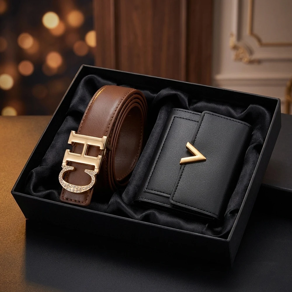 2PCS New Women's Belt Wallet Set High Quality Fashion Women's Birthday Party Gift Simple Women's Clothing Accessories