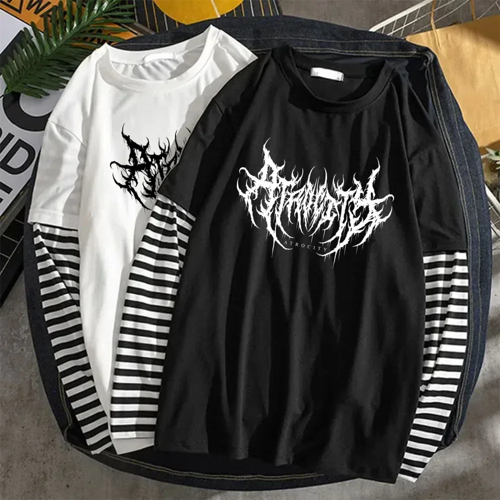 Image of Retro-Atrocity-Print Grafik Fake-Two-Layer Langarm-T-Shirt für Damen – Sommerliches Gothic Retro Lässiges Lockeres Fake-Two-Layer Langarm-T-Shirt