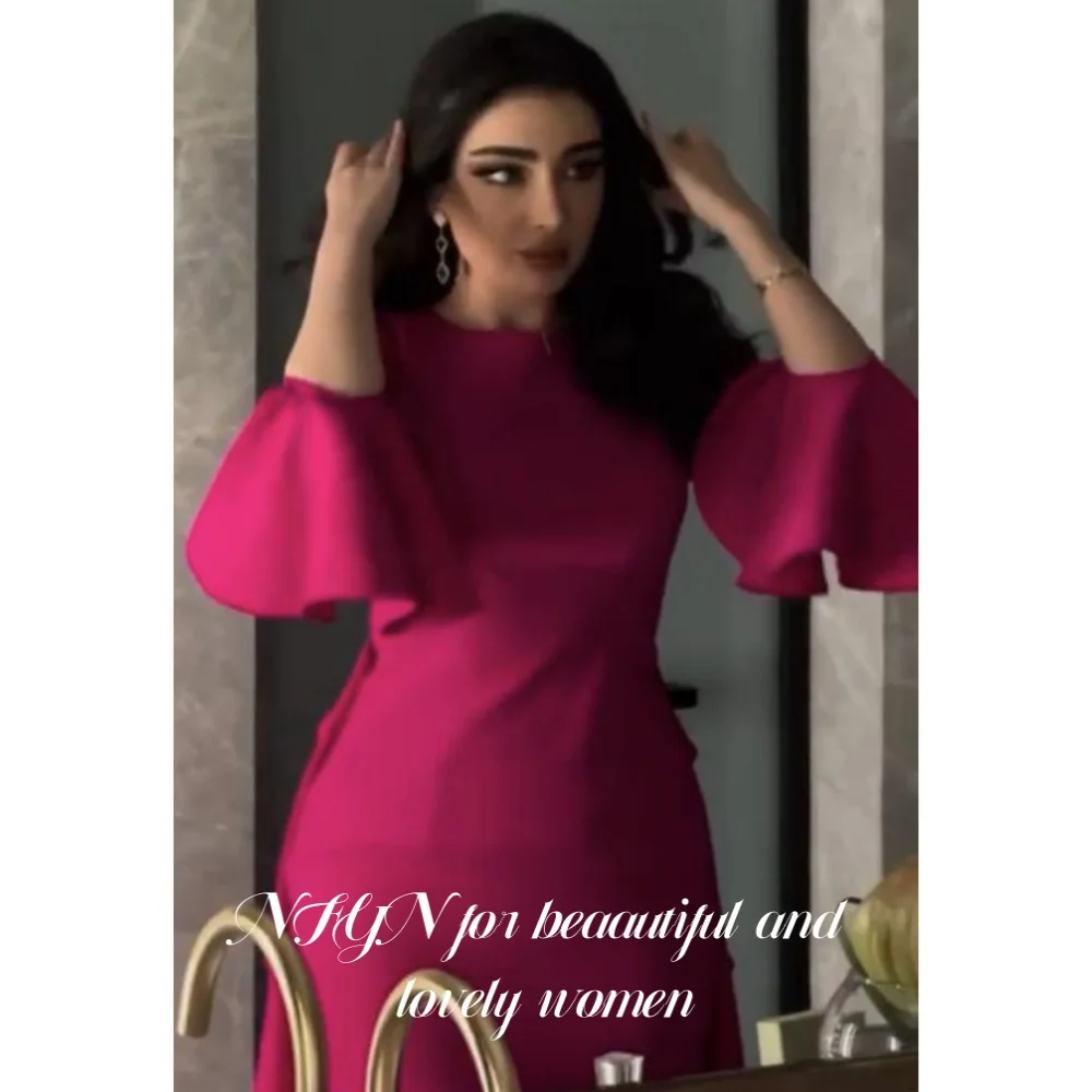

NFYN Fuchsia Party Dress O-Neck with Pleats A-Line Formal Dresses Gown Regular Full Sleeve Long Simple Evening Dress Customized