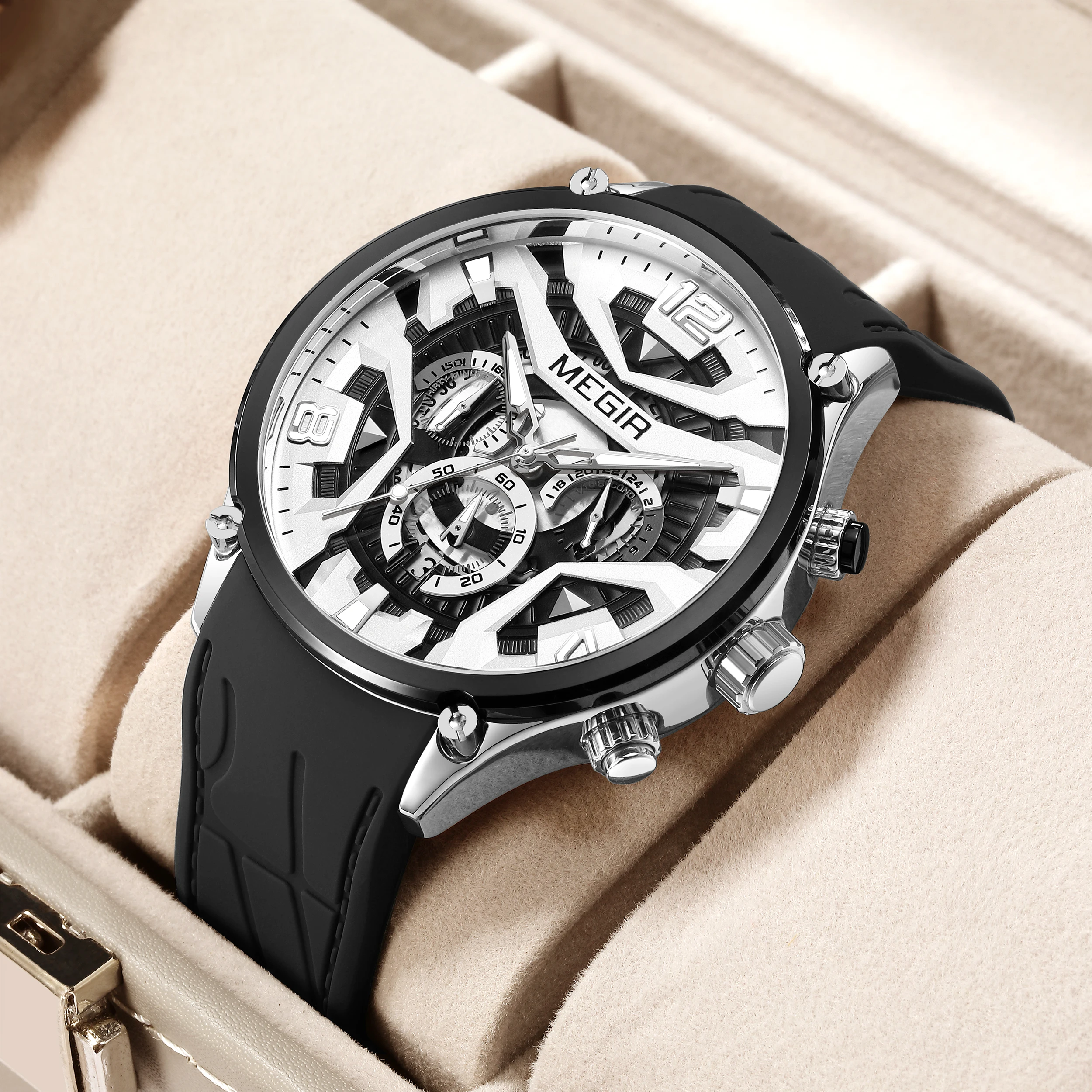 

MEGIR Sports Automatic Quartz Watch for Men Fashion Stainless Steel Cased Wristwatch with White Silicone Strap Skeleton Dial