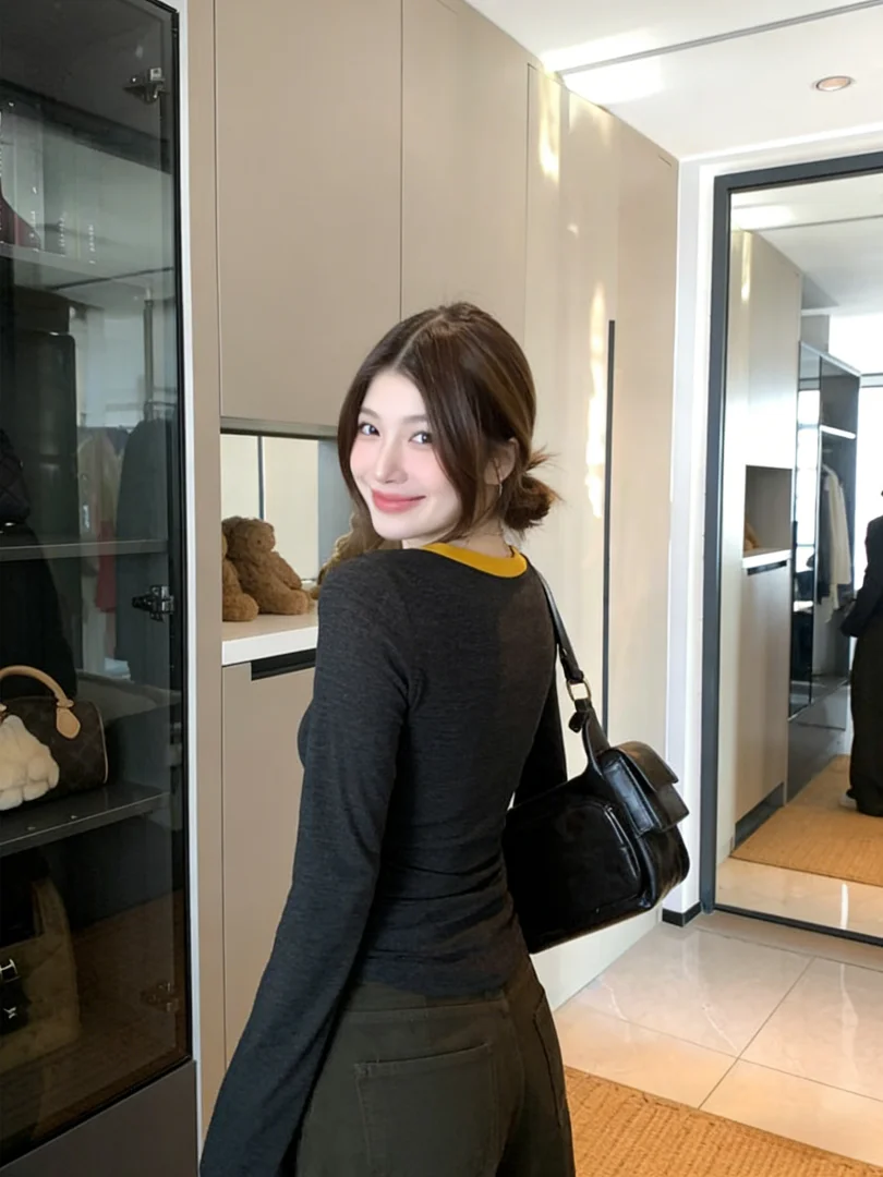 NUOMICI K-Fashion رمادي الملابس النسائية زر أسفل تريكو طويلة الأكمام تي شيرت الخريف الشتاء لطيف قاعدة طبقة سليم صالح الإناث #4