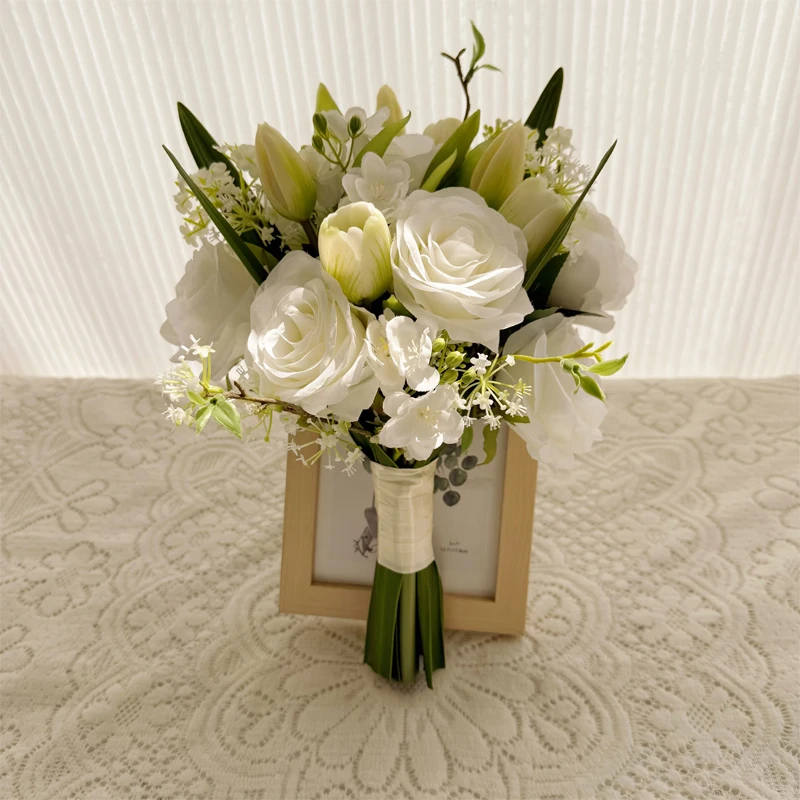 白いバラの造花ブーケ-韓国風-フレッシュなブライダルハンドヘルドフラワー-結婚式証明写真撮影用