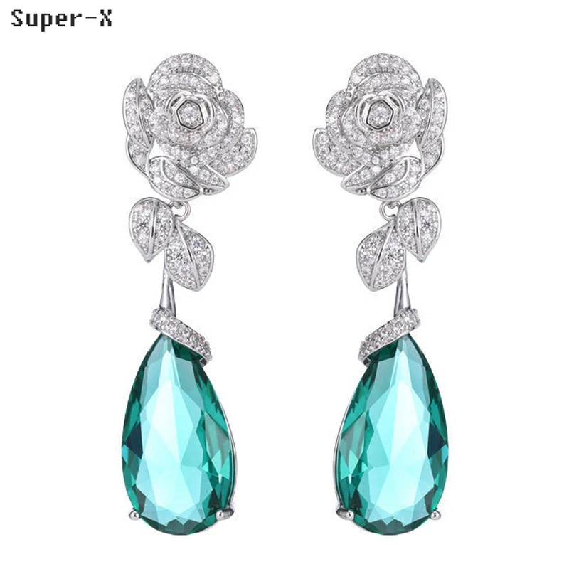 

Silver Color Flower Earrings Women Shiny Zircon Green Blue Long Water Drop Earrings Wedding Dinner Party Luxury Jewelry Gift