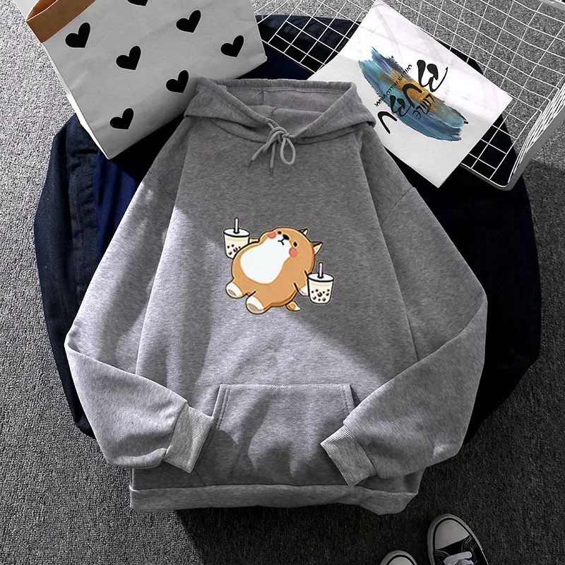 New Fashion Hoodie Long Sleeve White Purple Gray Dark Green Black Cartoon Cute Dog Shiba Inu And Bubble Tea Pattern Print