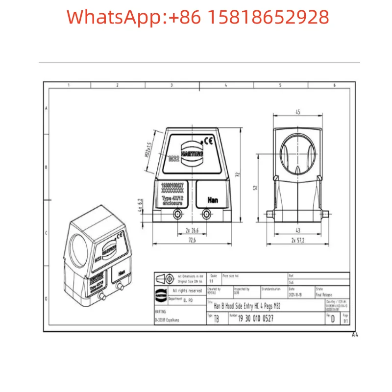 1 piece 19300100527 HARTING connector Han-10B-HSE-M32  Original factory stock
