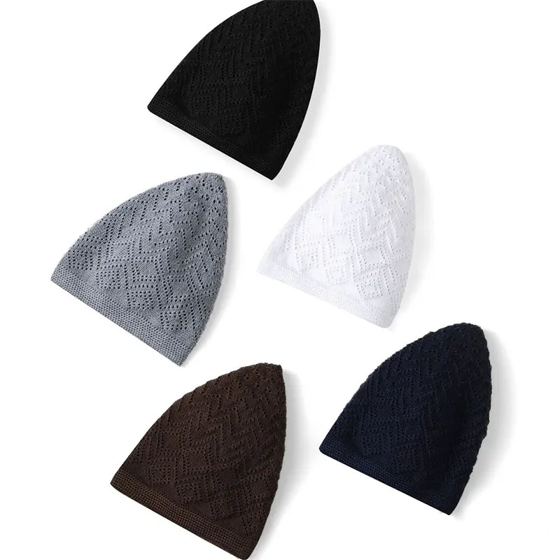 Muslim Turkish Men Prayer Hats Hollow Knitted Beanie Cap Breathable Islamic Saudi Arabic India Caps Male Solid Color Hip Pop Hat