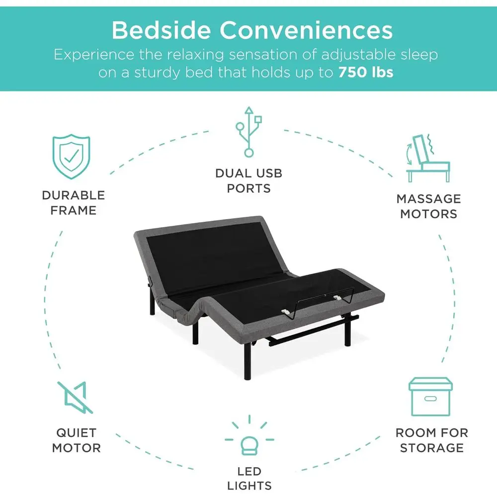 Queen Size Ergonomic Adjustable Bed with Electric Base, Wireless Remote, Nightlight, Massager, and 2 USB Ports image 6
