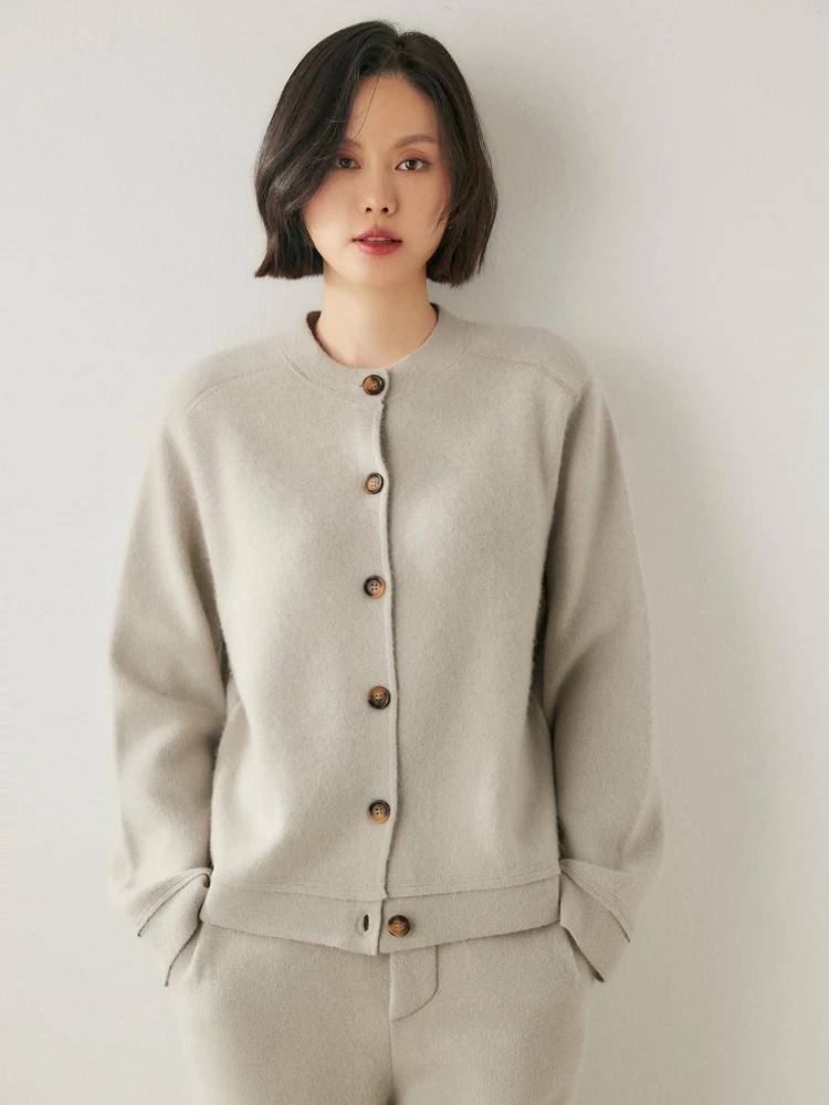 New Chic Women Cashmere Cardigan O-neck Long Sleeve Sweater Autumn Winter 100% Cashmere Knitwear Basic Preppy Style Clothing Top