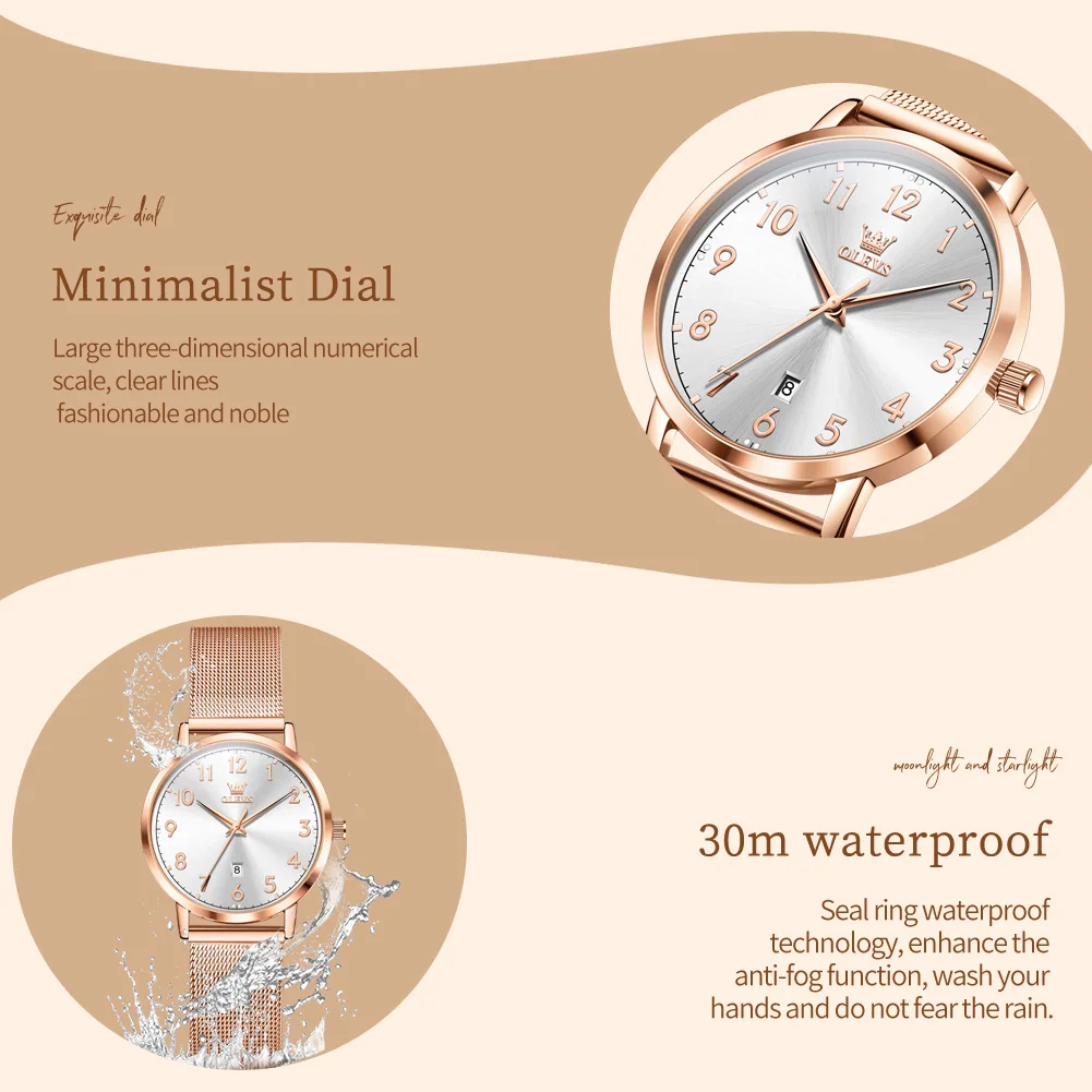 OLEVS New 5653 Women Watch Luxury Brand Quartz Watch Elegant Rose Gold Digital Waterproof Watch HD Simple Bracelet Women Watch