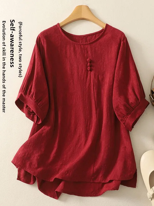 

Retro Cotton Linen Short Sleeve Shirt Women's Loose Fit Summer Slimming Floral Embroidery Casual Style round Neck Top