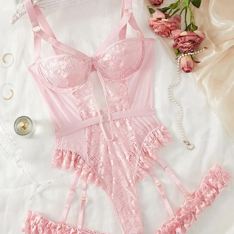 2pcs Pink Floral Lace Garter Lingerie Set With Choker Women Intimates Underwire Bra And Thongs Ladies Underwear Set