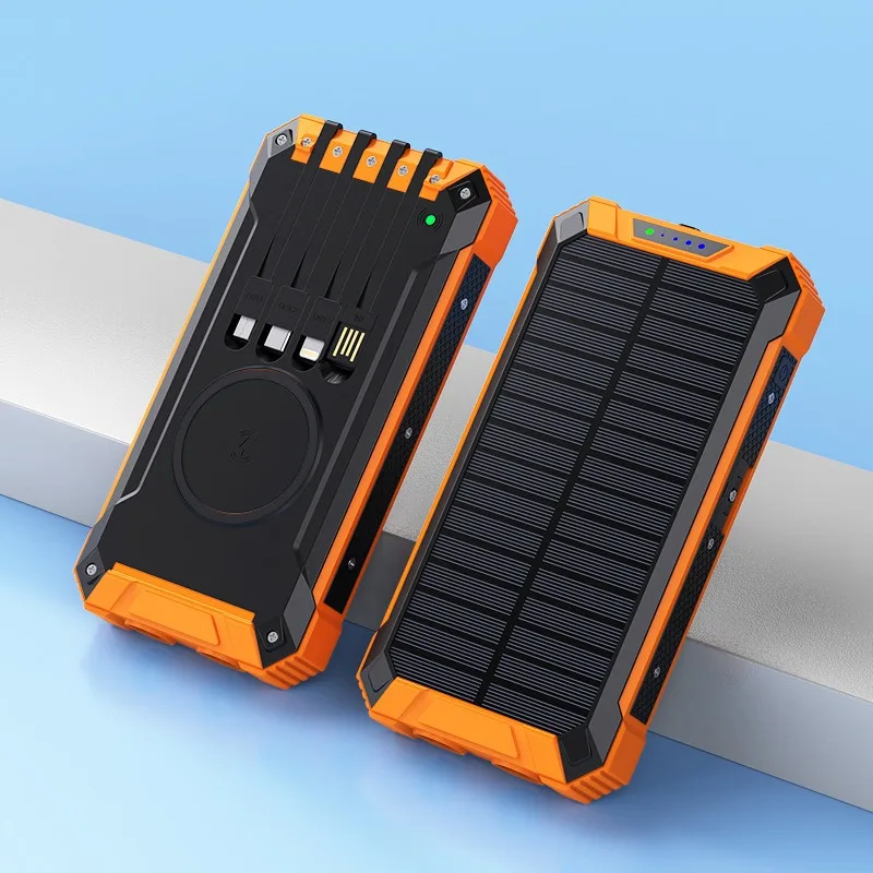 

Solar Power Bank 20000mAh Wireless Charger Solar Battery Large Capacity Builts Cable Power Bank for IPhone Xiaomi Huawei Samsung