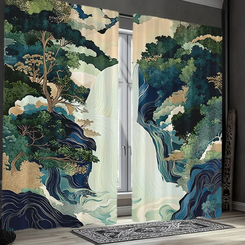 2PCS East Asian Landscape Sheer Curtains – Green Mountain Tree Print, Rod Pocket Polyester for Living Room Bedroom Dining