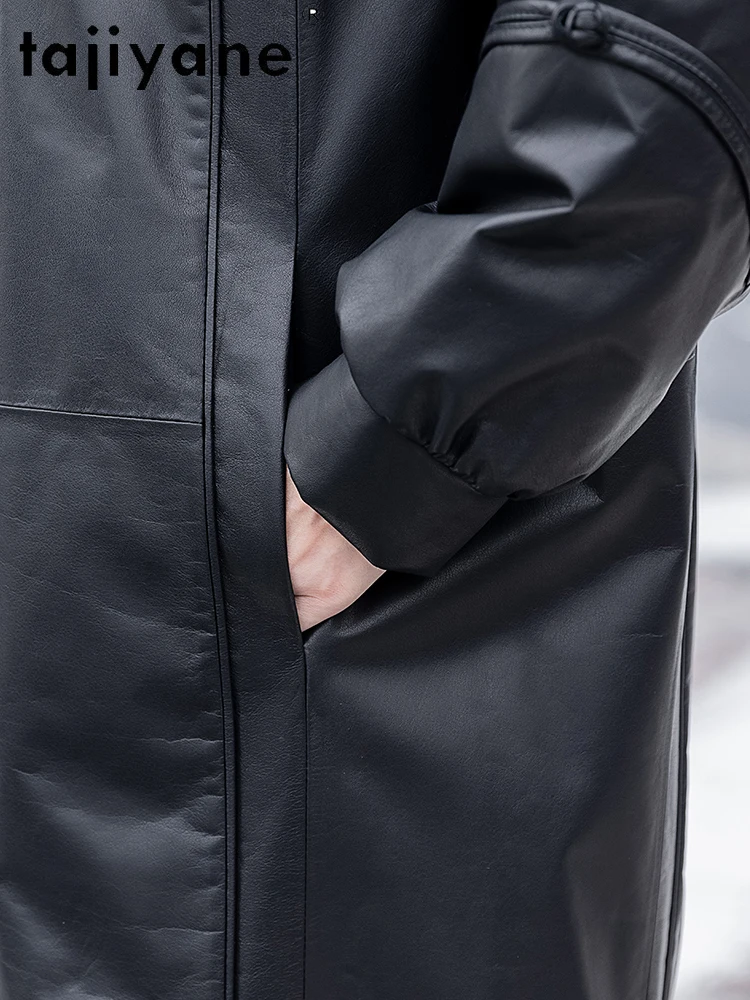 TAJIYANE 100% جلد البقر أوزة أسفل معطف طويل الجلد الحقيقي سترة منفوخة المرأة مع قبعة من المينك الشتاء ملابس خارجية ملابس امرأة 2025