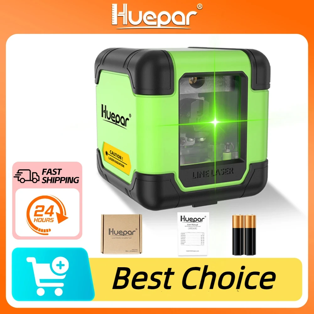 Huepar Laser Level 2 Lines Self Levelling Horizontal & Vertical Green Red Beam Use One-Button Laser Tool Cross Line