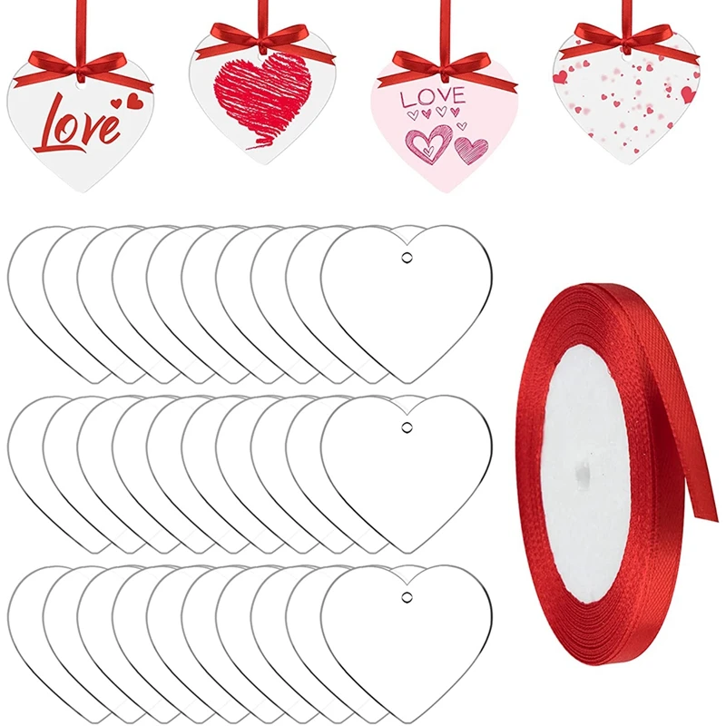 HOT-30Pcs Valentine's Day Acrylic Heart Blanks 3 Inch Hole Acrylic Slices With Red Ribbon For Valentine Keychain DIY Crafts