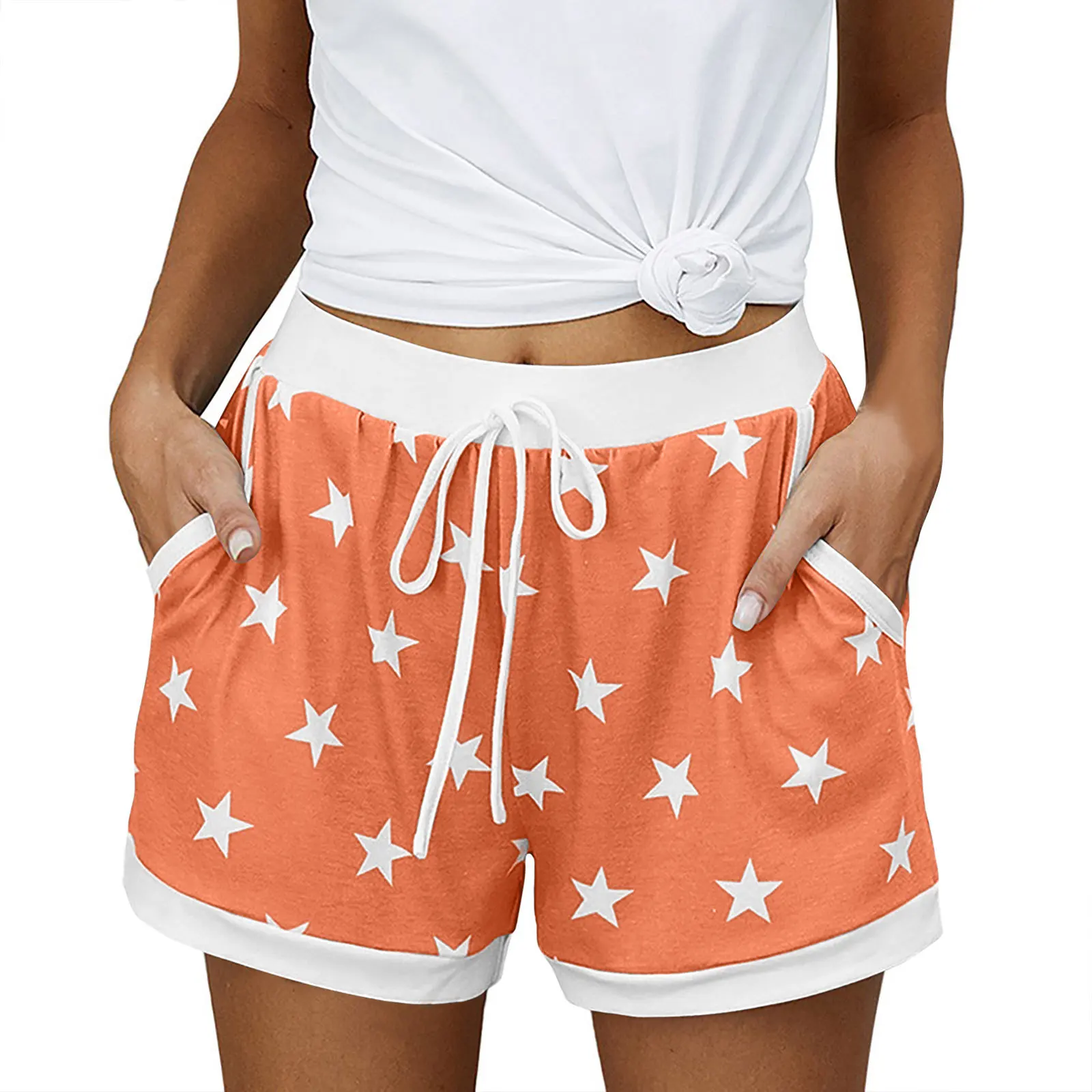 2025 Women's Fashion Patchwork Shorts Star Print Drawstring Elastic Waist Short Pants Summer Fashion Casual Shorts
