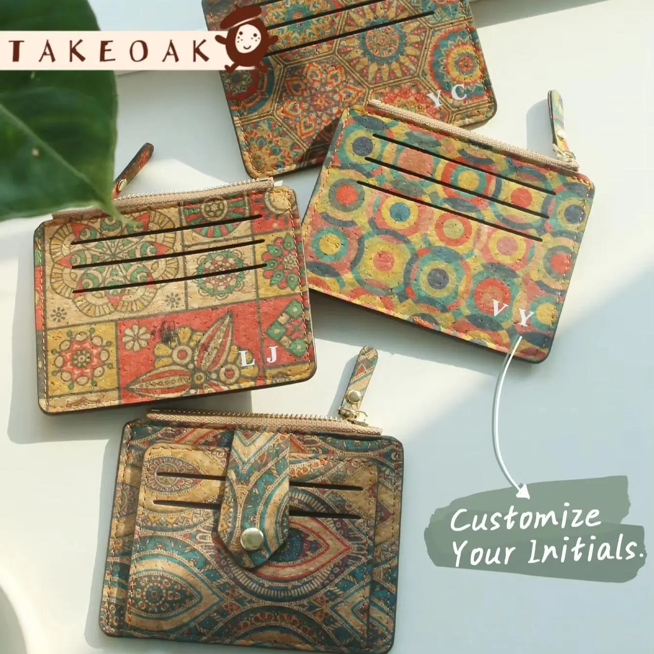 Personalized Cork Card Wallet with Custom Initials, Bohemian Pattern Zipper Coin Purse, Eco-Friendly Mini Card Holder