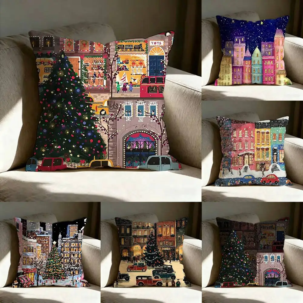 Christmas Town Various Sizes Square Pillow Case For Car Home Bedchamber Decor