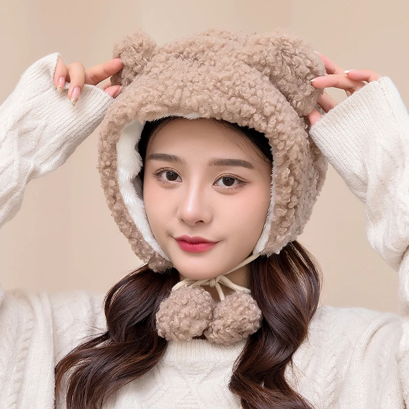 Little Bear Ears Lei Feng Hat Female Winter Ear Protection Hat Cute Wool Ball Warm And Cold Proof Trend Thickened Lamb Hair Hat