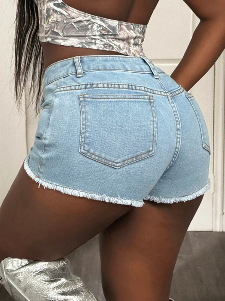 베뉴인피 스트릿웨어 레트로 로우 헴 데님 반바지 여성 패션 2025 여름 신상 Y2K 미드 웨이스트 섹시 클럽 스키니 진 핫팬츠