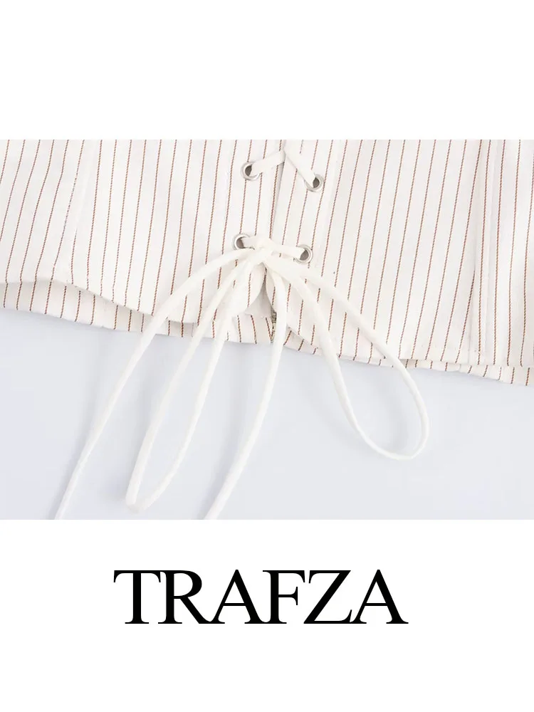 TRAFZA Summer Women\'s Elegant Back Zipper Tops Square Collar Sleeveless Striped Bow Lace-Up Decorate Woman Casual Top Mujer