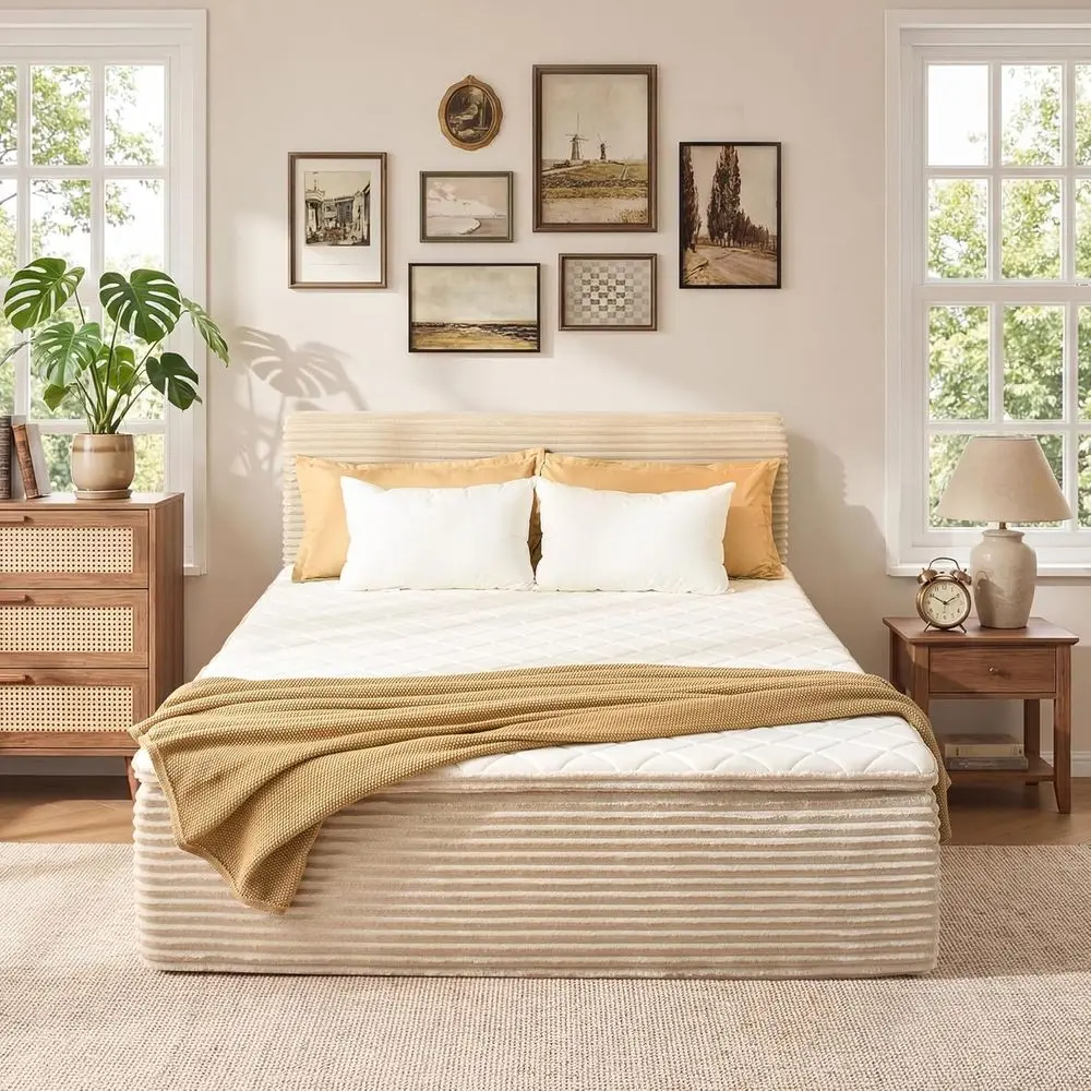 

16 Inch Memory Foam Mattress with Plush Fabric Upholstered Platform Bed, No Assembly, Medium Support, Beige - No Box Spring Need