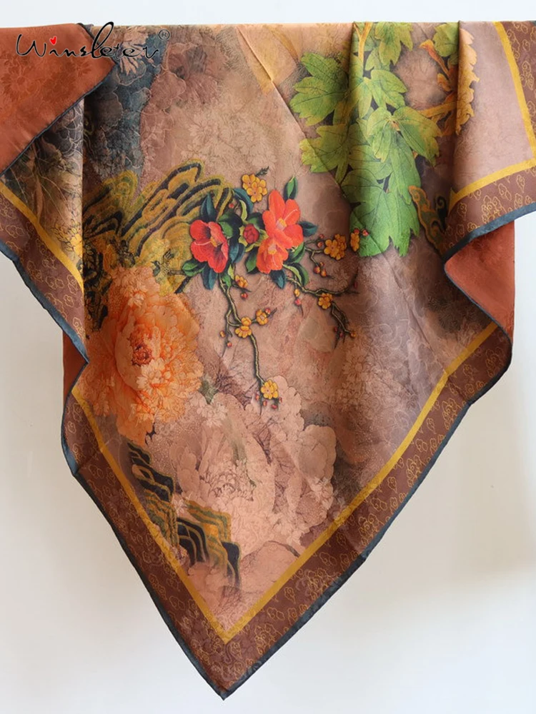 Winsleter-100%Real Silk Watered Gauze Elegant Scarf, 108*108CM Floral Jacquard, Mom Temperament Scarves, 2026 Spring A62217CC
