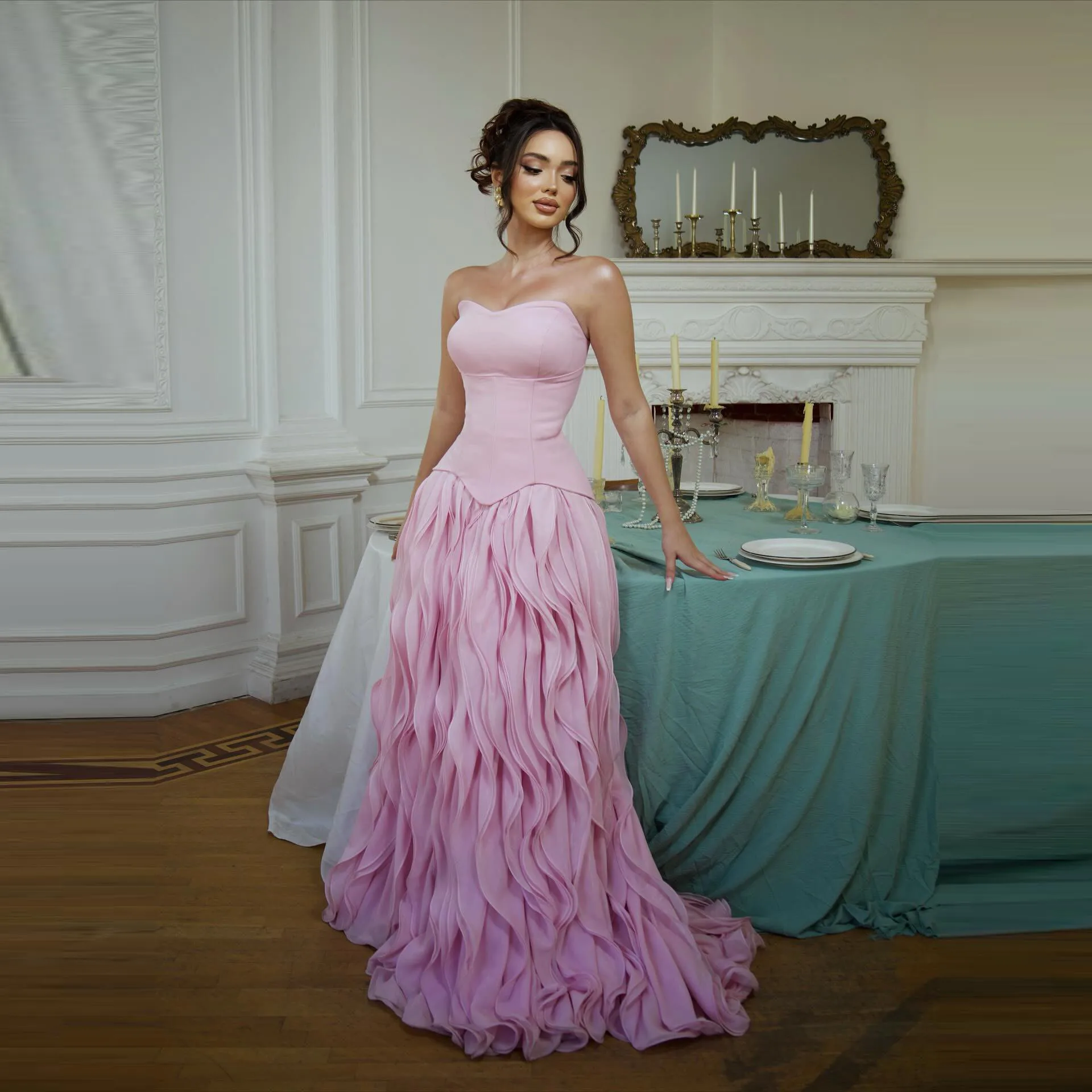 Elegant Pink Strapless Ball Gown Cottagecore Minimalist Midi Dress Summer Style Romantic Ruffle Skirt for Prom & Evening Events