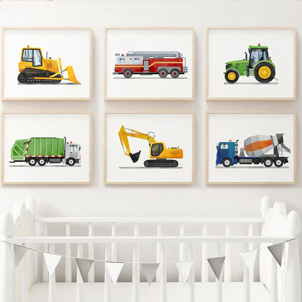 Cartoon Vehicle Construction Fire Truck Nursery Poster Print Canvas Painting Excavator Transportation Wall Art Baby Room Decor