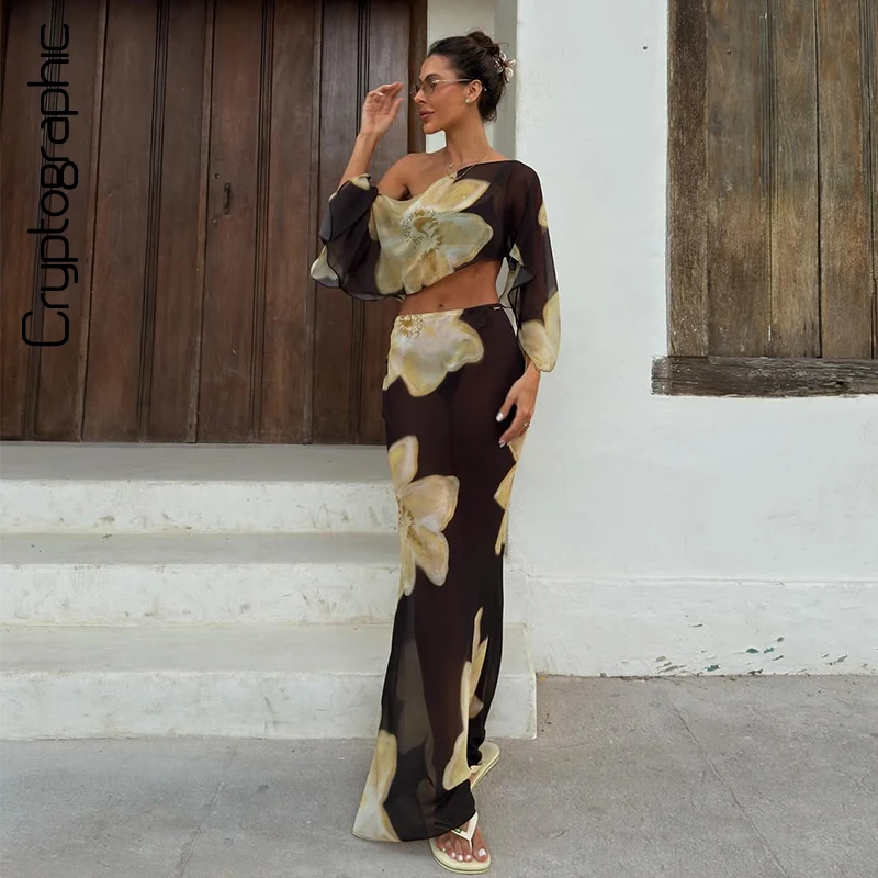

Cryptographic Elegant Off Shoulder Floral Print Two Piece Set Chiffon Crop Top with Tie Waist Maxi Skirt Casual Vacation Outfits