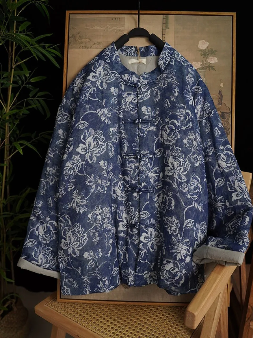 

Blue And White Porcelain Style Cotton Linen Print Jacket Women's Winter Lightweight Zen Chinese Style Coat with Button