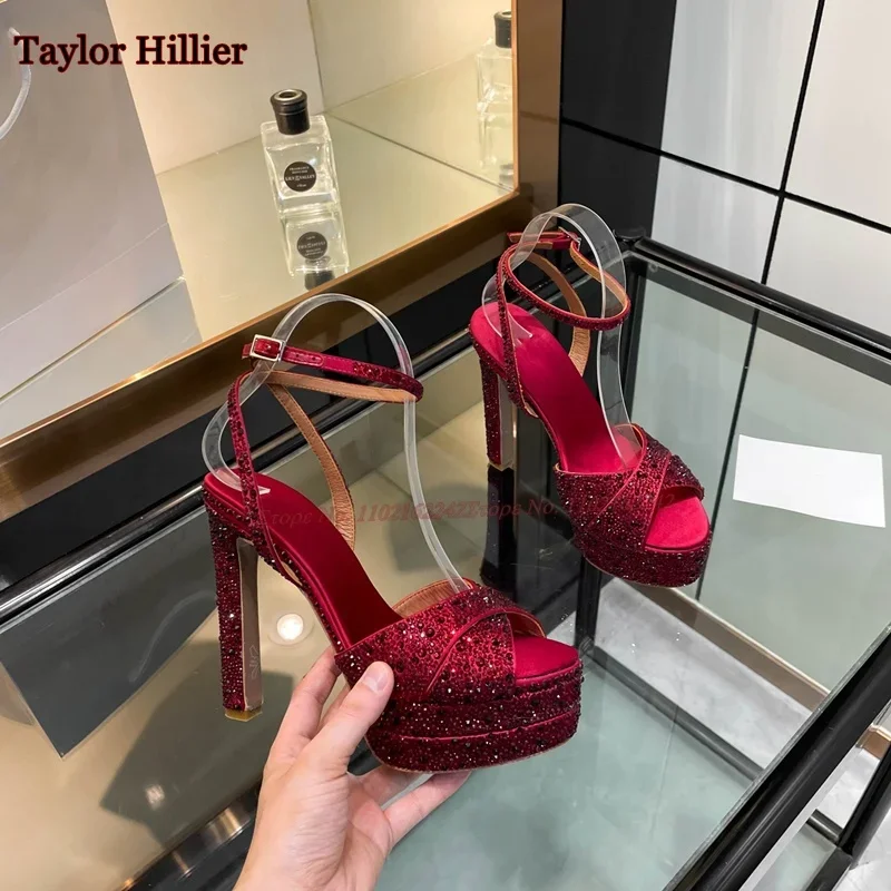 Red Rhinestone Genuine Leather High Heel Sandals Chunky Heels Thick Sole Wedding Women'S Shoes Fashion Party Luxury Sandals 43