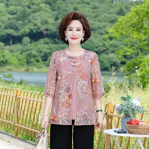 Fake Two Pieces Shirt Women Lace Hollow Half Sleeve Tops Summer Grandma Clothing Stretch  Middle Age Mother Blouse