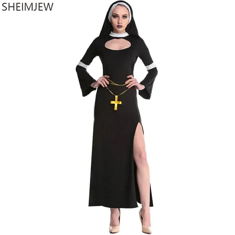 

Halloween Women's Cosplay Ribbon Costume Church Nun Cosplay Robe Costume Sexy High Slit Fantasia Adult Party Dress Uniform