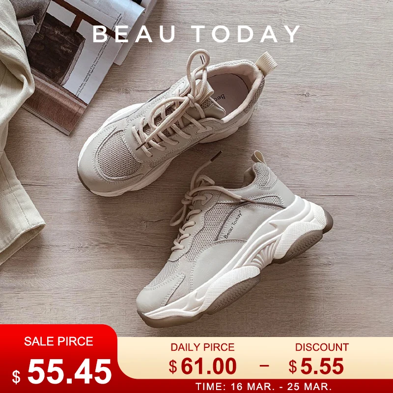 

BeauToday Chunky Sneakers Women Mesh Leather Platform Shoes Mixed Colors Lace-Up Lady Trendy Trainers Thick Sole Handmade 29401