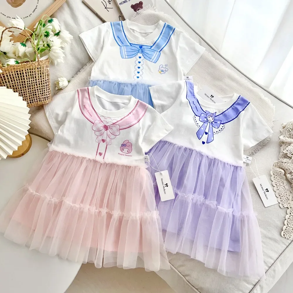 

Kawaii Sanrio Kuromi Cinnamoroll Cartoon Children's Dress Anime My Melody Cotton T-shirt Cute Jk Mesh Princess Dress Girls Gift