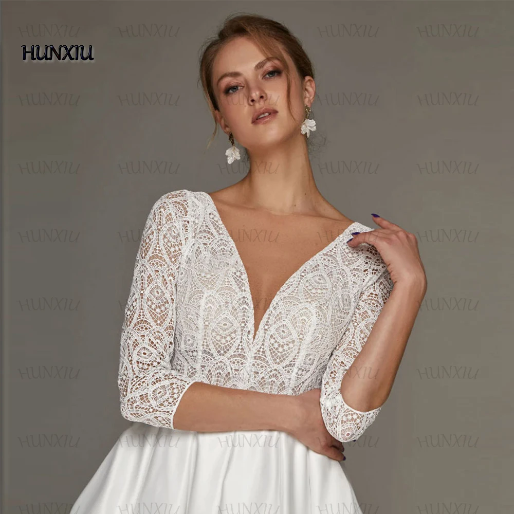 HUNXIU Civil Lace Satin Mid-Calf Wedding Dresses V-Neck Three Quarter Bridal Register Dress A-Line High Quality Custom Gowns