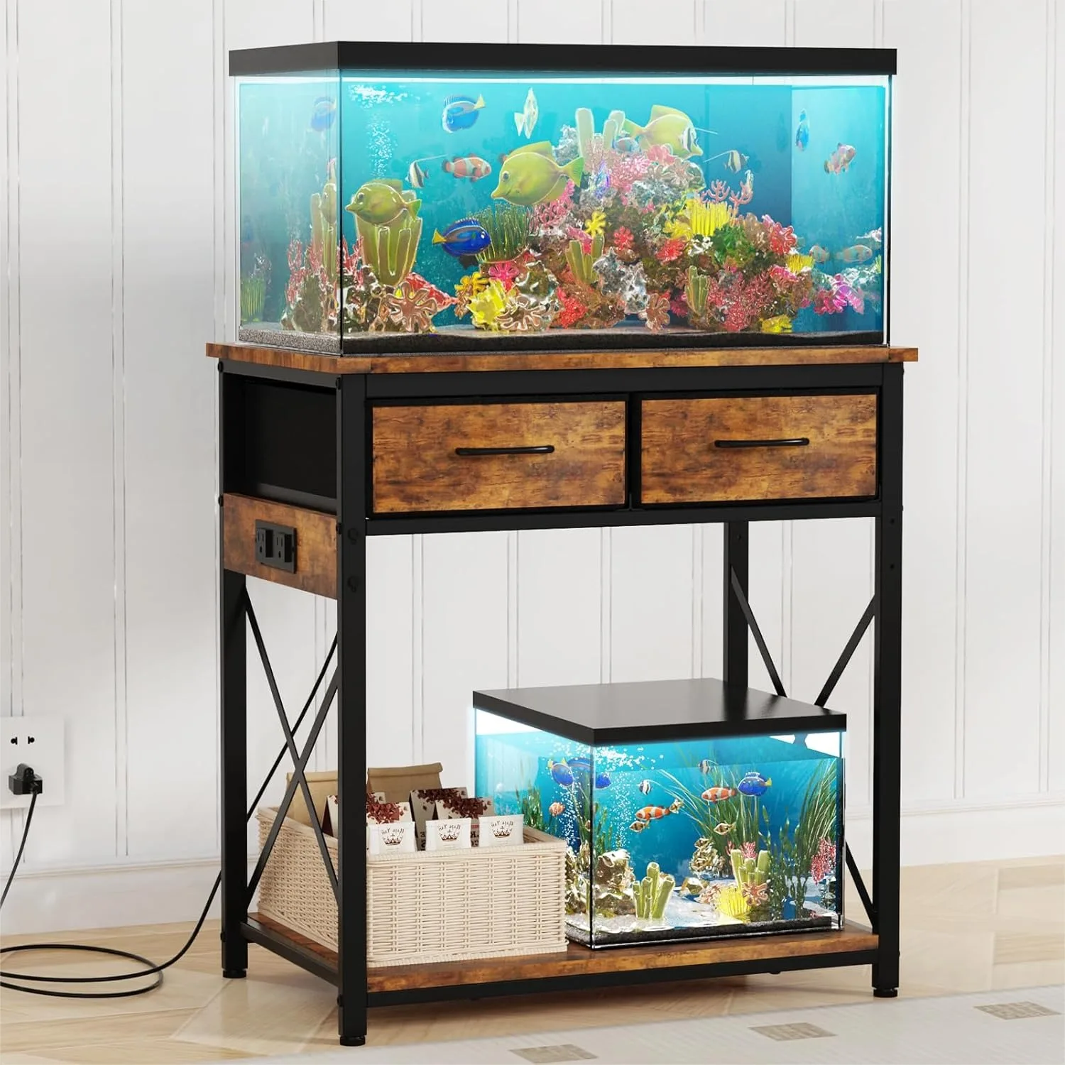 

20-29-37 Gallon Fish Tank Stand with Power Outlet, Heavy Duty Metal Aquarium Stand, 2 Drawers, Brown