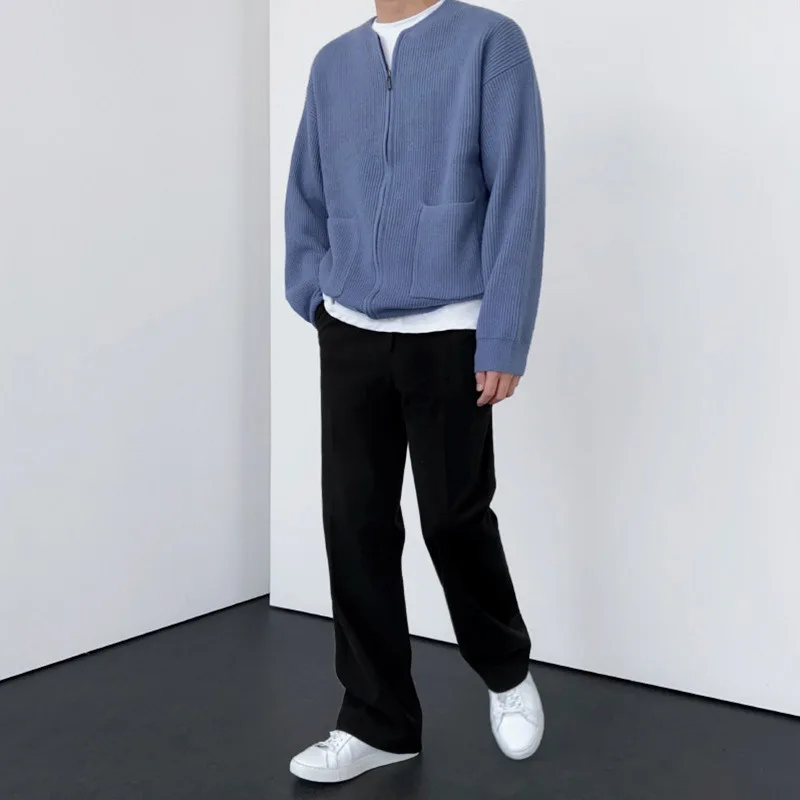 كارديجان رجالي منسوج بأكمام طويلة ورقبة دائرية ، سترة بسحاب ، جاكيت فضفاض وغير رسمي ، معاطف أحادية اللون ، موضة الخريف والشتاء ، جديد #4
