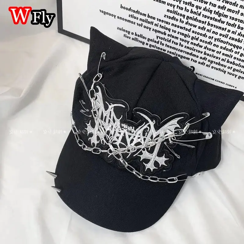 الثقافة الفرعية القط مخلب Harajuku مشرقة لطيف تنوعا القط الأذن قبعة بيسبول بطة اللسان قبعة سوداء برشام فتاة Y2K الحبيب هريرة #2