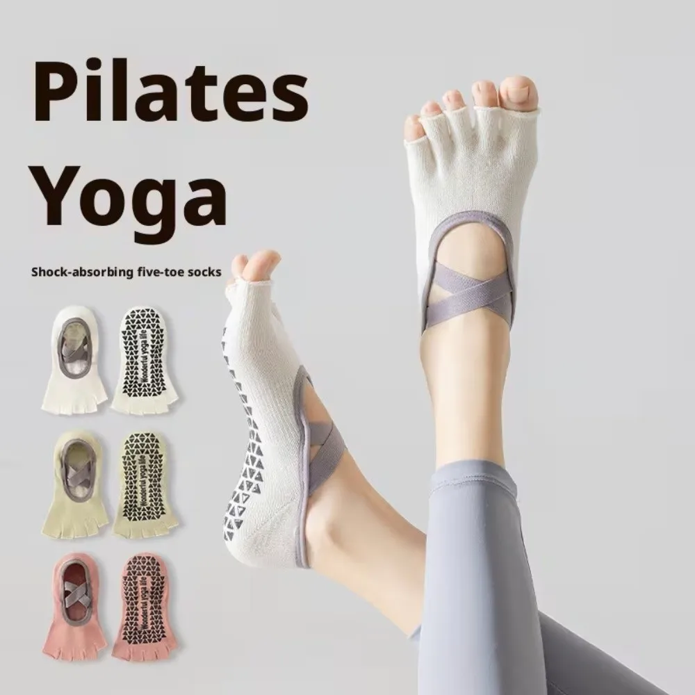 Cotton Sports Five Finger Socks Toe-exposed Shock-absorbing Women Yoga Socks Split-toed with Double-crossed Straps Yoga Hosiery