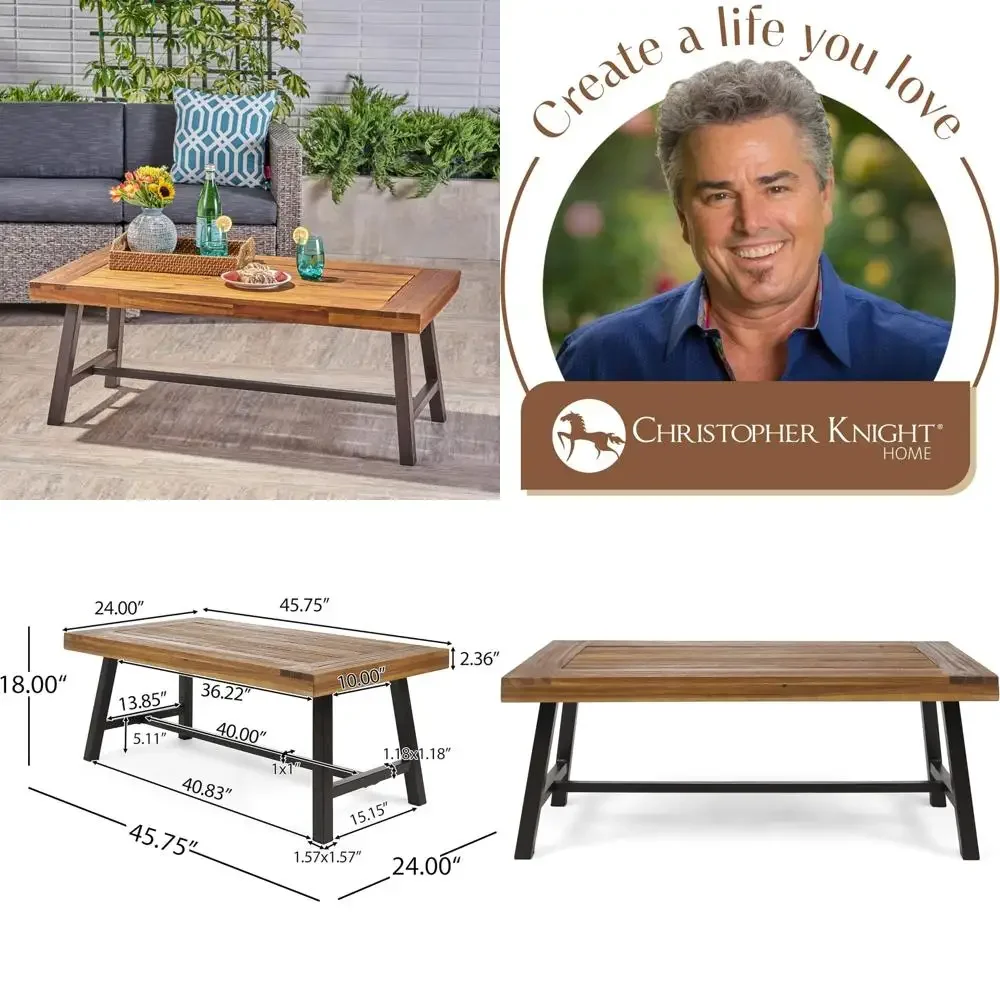 

Уличный журнальный столик из дерева акации от Christopher Knight Home с пескоструйной обработкой в деревенском стиле из металла
